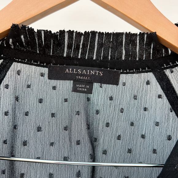 AllSaints Vida Shimmer Swiss Dot Long Sleeve Sheer Black Small Blouse Top - Picture 5 of 7